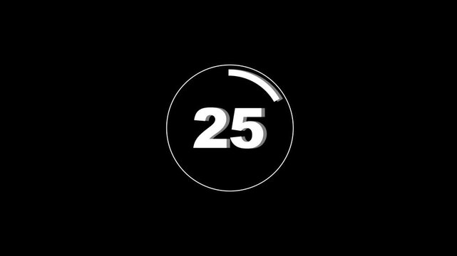 Circle countdown timer one minute animation from 30 to 0 second animation on black background with alpha channel, 30 second countdown 4k animation video.