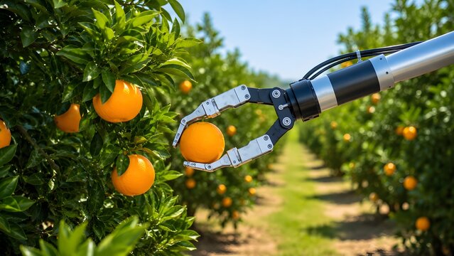 Robotic gripper picking a ripe orange from a tree in orchard