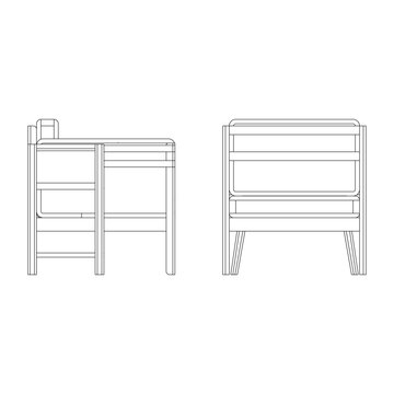 Side view of living room set with two seater sofa, two arm chairs, and rectangular coffee table in simple outline style, highlighting modern furniture profile.
