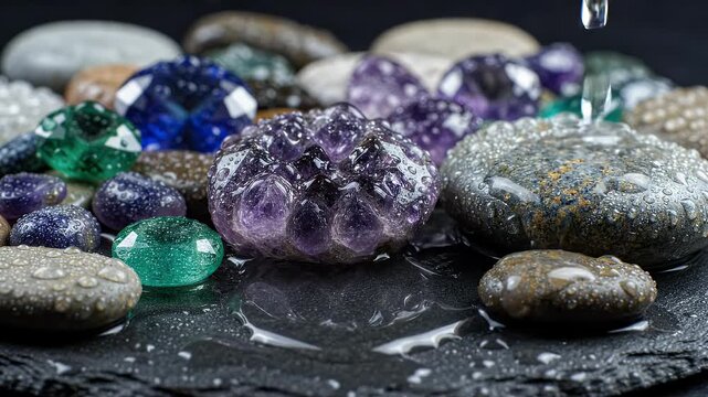 Wet Gemstones and River Stones with Water Droplets - A collection of colorful gemstones and smooth river stones glistening with water droplets on a dark, reflective surface.