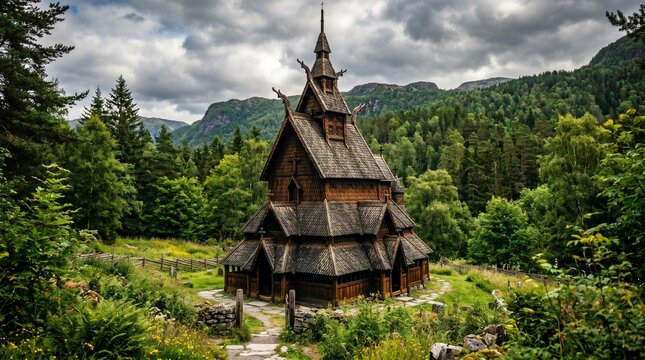 Borgund stave church, a historic wooden church in lrdal, norway