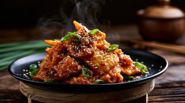 Steaming hot Korean fried chicken, coated in a delectable red spicy sauce and garnished with fresh green onions and sesame.