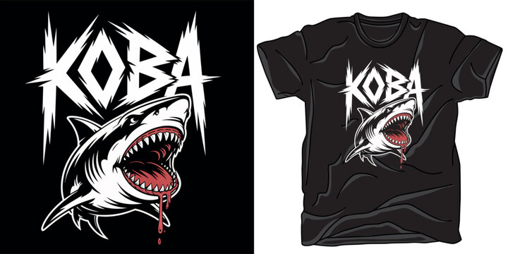 Fierce shark illustration featuring koba text in aggressive metal font style with blood drip effect for modern apparel graphic design.
