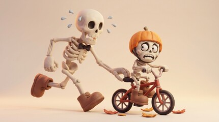 Fototapeta premium Scared Skeleton Kid Riding Bicycle with Adult Skeleton Pushing, halloween party