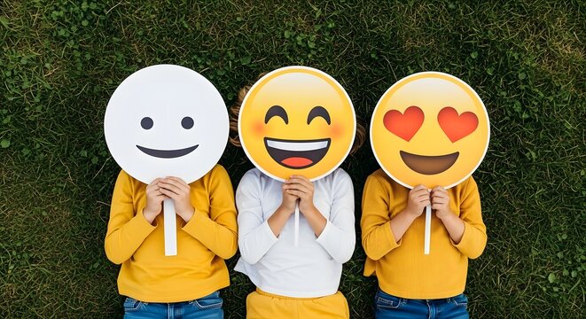 Three children lying on green grass holding emoji masks. Emotional development and playful childhood. Kids covering their faces with different emotional expressions.