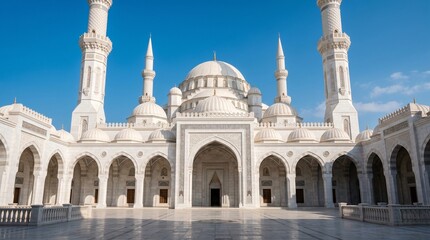 Obraz premium Beautiful white mosque with tall minarets and domes against a blue sky