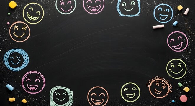 Colorful chalk drawings of smiling faces forming a border on a black chalkboard. Educational environment and childhood creativity concept. Blank copy space surrounded by happy emotions.