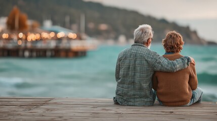 Fototapeta premium Older Man and Adult Son Sitting Together by the Water at Sunset