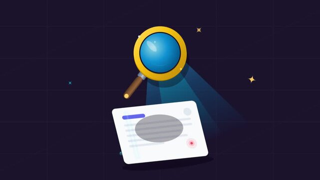 Magnifying glass scanning a profile document on dark background