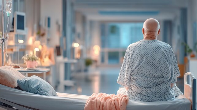 Elderly Man in Hospital Gown Seated on Bed Facing Away in Medical Setting