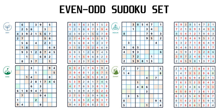 Printable Odd Even Sudoku Set Isolated, Four Difficulty Levels with Answer Keys