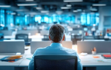 Fototapeta premium Male Worker Sitting Alone in Office Environment from Back View Perspective