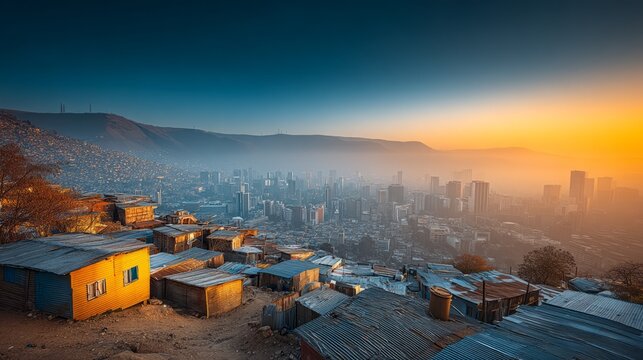 Informal Settlement at Sunrise Overlooking a Cityscape in Shadow