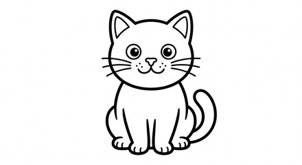 Fototapeta premium Black and white coloring page featuring a cute cartoon cat with simple outlines and a friendly expression. Perfect for preschool activities, kindergarten worksheets, homeschooling, and children's colo