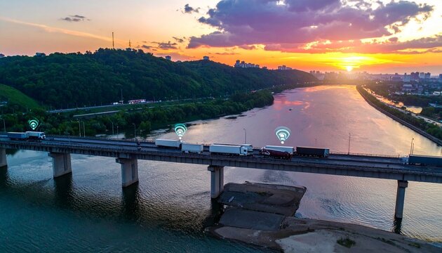 Smart highway bridge with vehicles and digital overlays at sunset