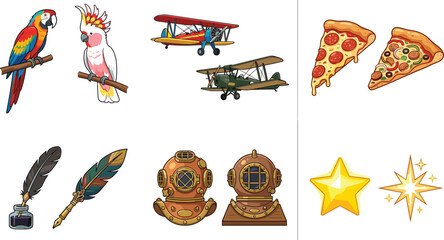 Vibrant Vector Clip Art Set Featuring Exotic Parrots, Vintage Biplanes, Pepperoni Pizza Slices, Quill Ink Pens, Antique Deep Sea Diving Helmets, and Shiny Golden Stars © MstGulzan