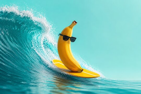 Funny banana with sunglasses surfing on a yellow surfboard over a large blue ocean wave