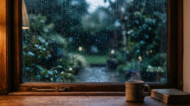 Cozy rainy day view from a wooden window with a steaming cup and book