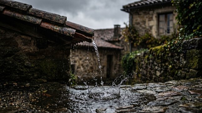 Rainwater flowing from a rustic stone house roof into a puddle