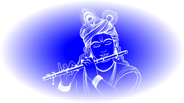 Creative white line art illustration of Lord Krishna playing flute bansuri adorned with peacock feathers on a bright blue background vignette, ideal for Hindu religious designs.