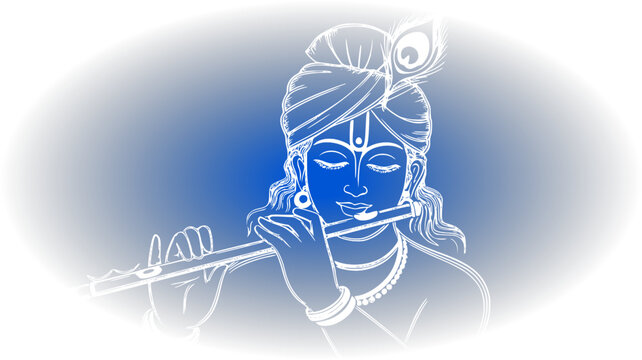 Beautiful white line art illustration of Lord Krishna playing his flute bansuri on a vibrant blue background vignette, perfect for Hindu religious and festival designs.