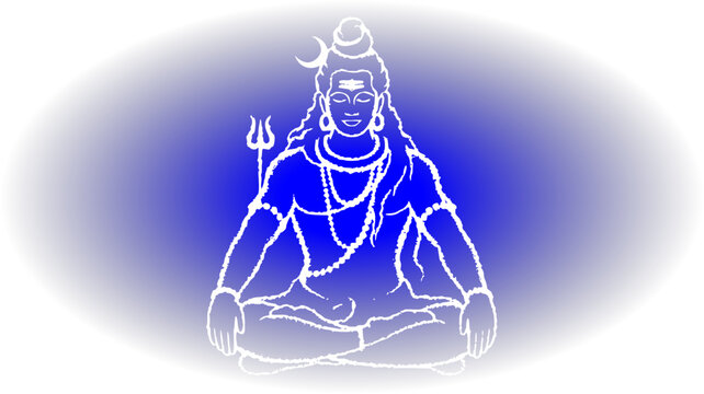 Artistic white line art illustration of Lord Shiva meditating in lotus pose with trishul on a vibrant blue background vignette, ideal for Hindu spiritual designs.