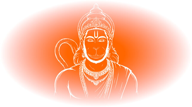 Elegant white line art illustration of Lord Hanuman with his curved tail on a glowing orange gradient background vignette, ideal for Hindu spiritual and festival designs.