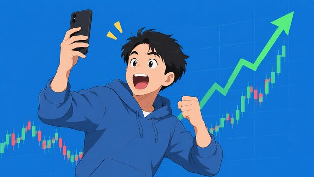 Excited young man cheering with a smartphone in hand as the stock market chart shows rapid growth.