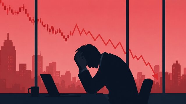 Silhouette of a man in despair over financial loss with a declining red stock market graph in the background.