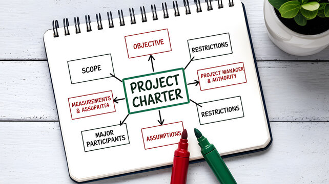 A project manager's notebook with a project charter and flowchart on a wooden desk