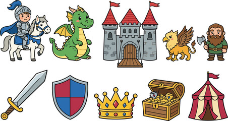 Cute Medieval Fantasy Vector Set with Cartoon Knight on Horse, Dragon, Castle, Griffin, Dwarf, Sword, Shield, Crown, and Treasure Chest for Kids Designs © Rownok