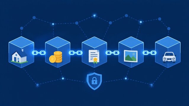 Blockchain technology concept illustrating secure and transparent management of digital assets like property, money, and documents.