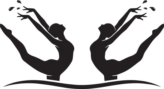 Black silhouette of two synchronized swimmers in dynamic poses with water droplets isolated on white background