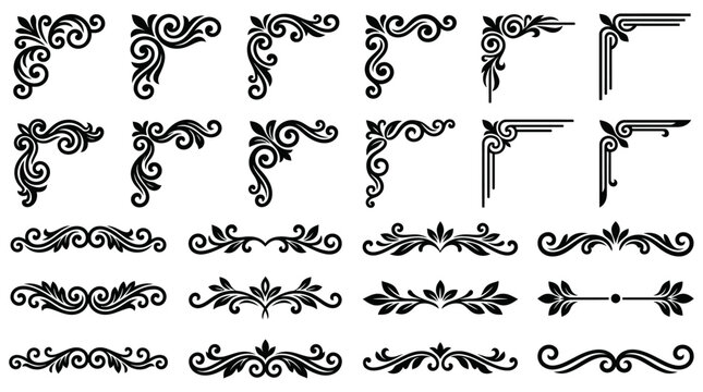 Decorative vintage corner and border divider set featuring intricate floral silhouette flourishes and elegant ornate scrollwork patterns for graphic design