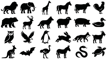 Obraz premium Collection of diverse animal silhouette icons showcasing a variety of species, perfect for graphic design and educational purposes