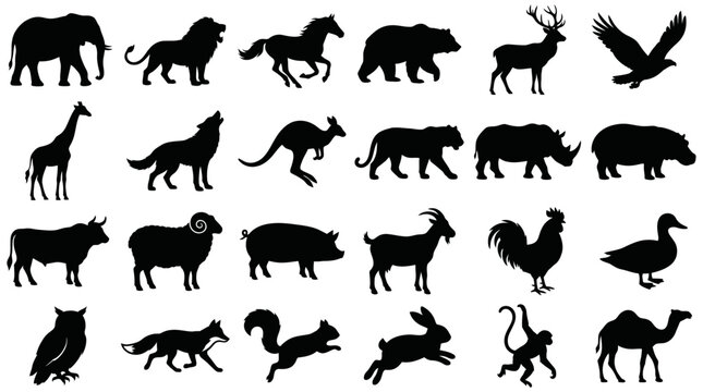 Collection of wild and domestic animal silhouettes vector illustration isolated on white