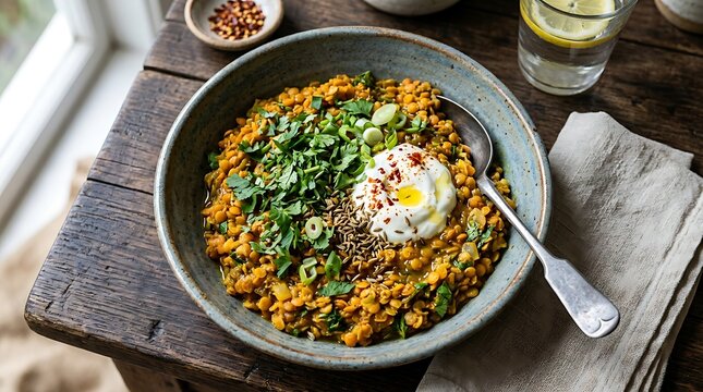 Healthy Red Lentil Dal with Yogurt and Herbs on Rustic Table