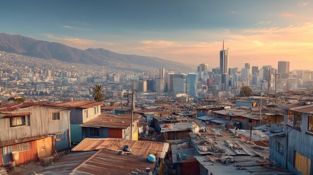 Informal Settlement Overlooking Urban Landscape at Sunset in Chile