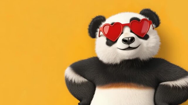 Cute panda character standing with heart glasses on a vibrant yellow background, representing love and fun