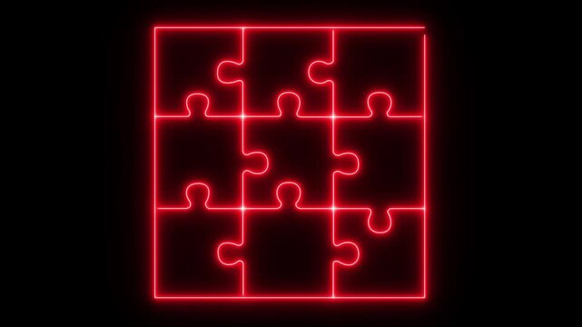 glowing neon puzzle icon isolated on black background.Motion graphic 4k animation video.