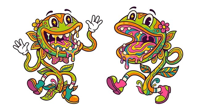 Vintage tropical predator plant cartoon mascot with smooth teeth