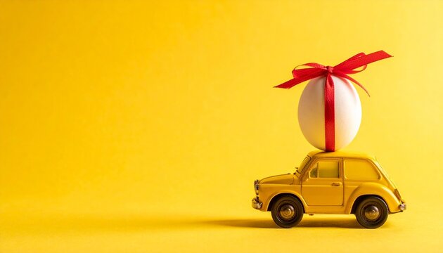 Cute yellow toy car carrying oversized gift box with red ribbon, cheerful celebration theme, vibrant yellow background, minimalist composition, festive commercial photography.