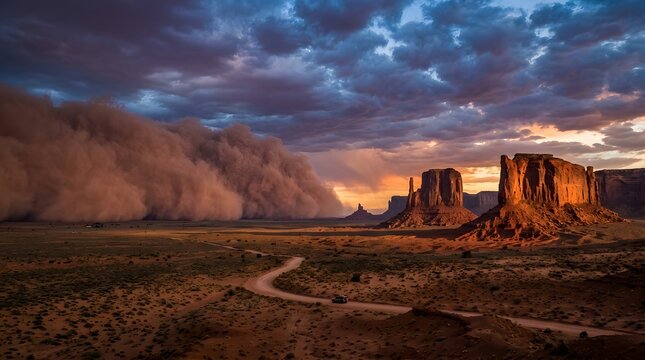 Massive dust storm rolling over desert landscape near rock formations at sunset.