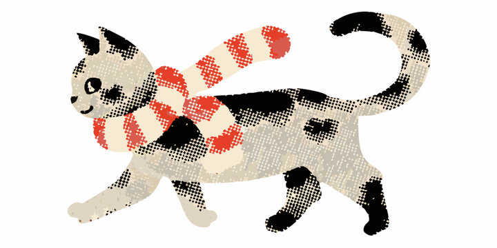 Calico Cat Illustration With Halftone Pattern And Candy Cane Scarf