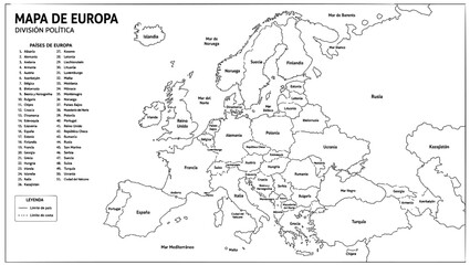 Detailed political map of the European continent featuring clearly defined national borders and country names written in Spanish language printed as a black line on transparent background © Graphixa