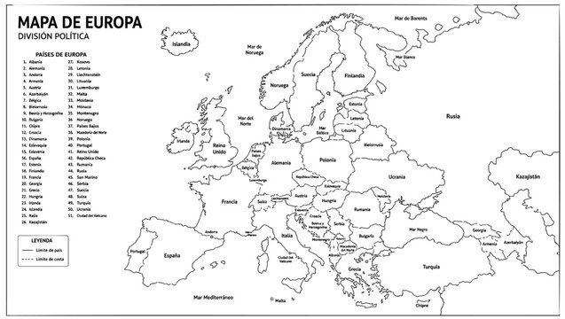 Detailed political map of the European continent featuring clearly defined national borders and country names written in Spanish language printed as a black line on transparent background