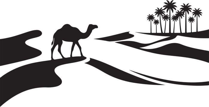 Desert camel silhouette, black sand dunes, oasis palm trees, vector illustration