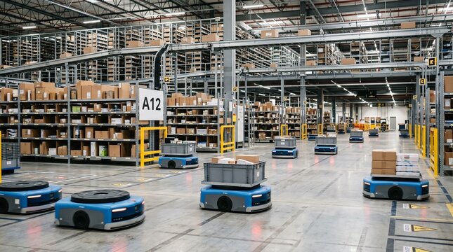 Automated guided vehicles transporting goods in modern industrial warehouse facility