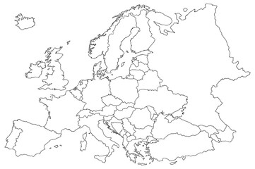 Detailed black and white outline map showing the political borders of various European countries with precise continental shapes and island details presented on transparent background © Graphixa