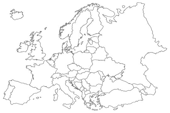 Detailed black and white outline map showing the political borders of various European countries with precise continental shapes and island details presented on transparent background
